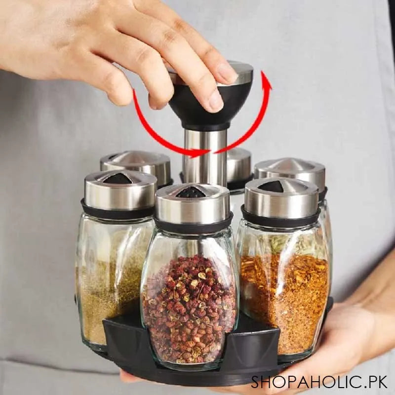 revolving spice rack with 6 glass spice jars image2