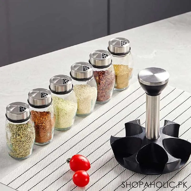 revolving spice rack with 6 glass spice jars image3