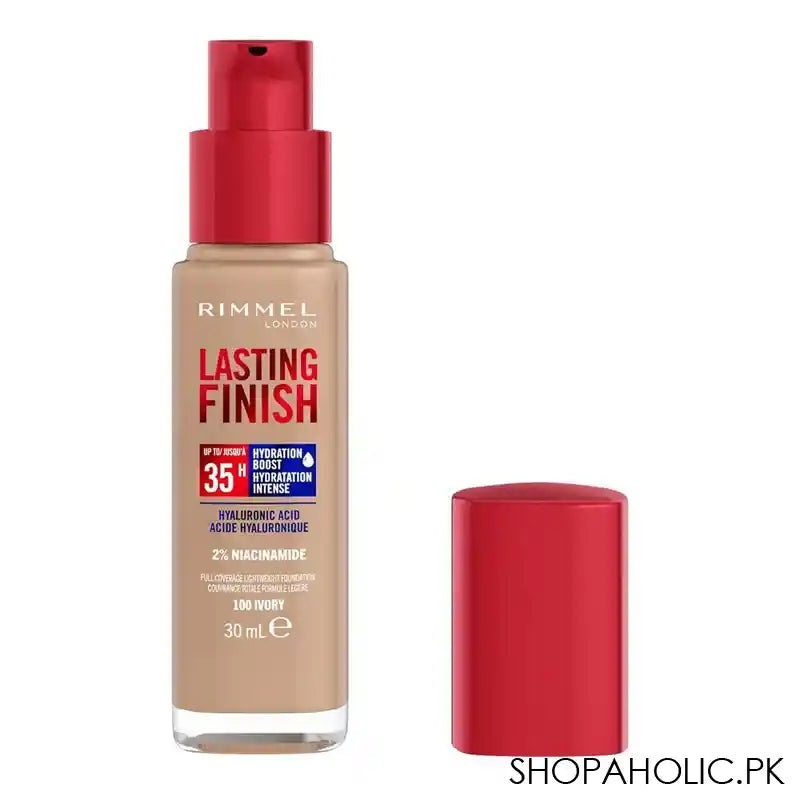 Rimmel London Lasting Finish Up to 35 Hour Hydration Boost Foundation, 100 Ivory, 30ml - Main Image