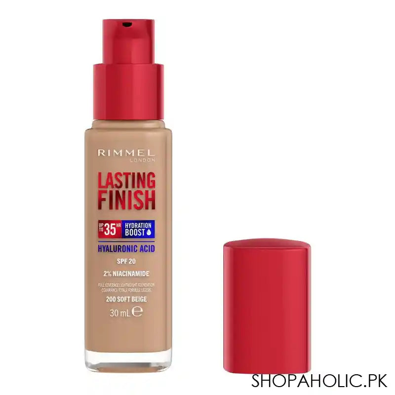 Rimmel London Lasting Finish Up to 35 Hour Hydration Boost Foundation, 200 Soft Beige, 30ml - Main Image