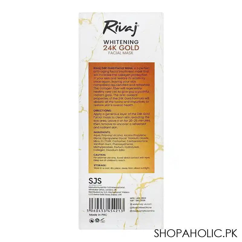 Rivaj Whitening 24k Gold Peel Off Facial Mask With Silk Amino Acid, Anti-Wrinkle, Acne & Toxin, 100ml - Main Image