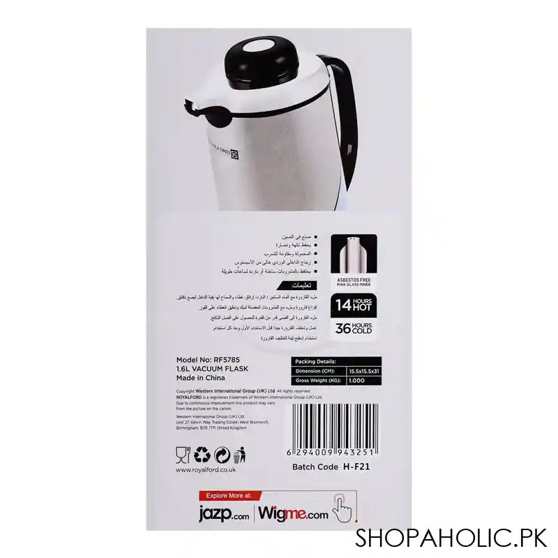 Royalford Vaccum Flask, 1.6Ltr, RF5785 - Image 4