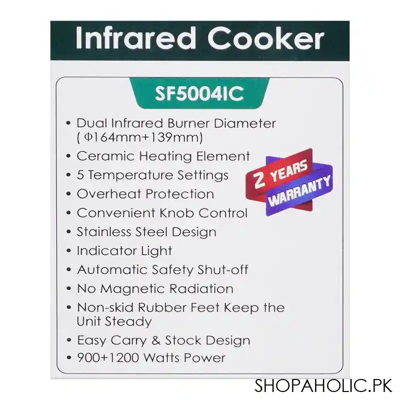 Sanford Stainless Steel Infrared Cooker, 2100W, 5 Temperature Settings, Indicator Light, Automatic Safety Shut-Off, SF-5004IC - Image 4