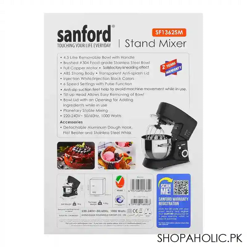 Sanford Stand Maker, 1000W, 6 Speed, 4.5 Liter Stainless Steel Removable Bowl, SF-1362SM - Image 2