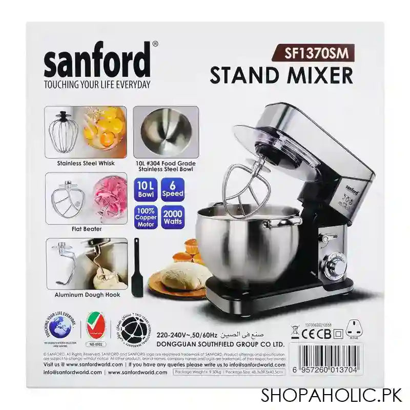 Sanford Stand Mixer, 2000W, 10 Liter Stainless Steel Bowl, Full Copper Motor, 6 Speed, Sf-1370SM - Image 3