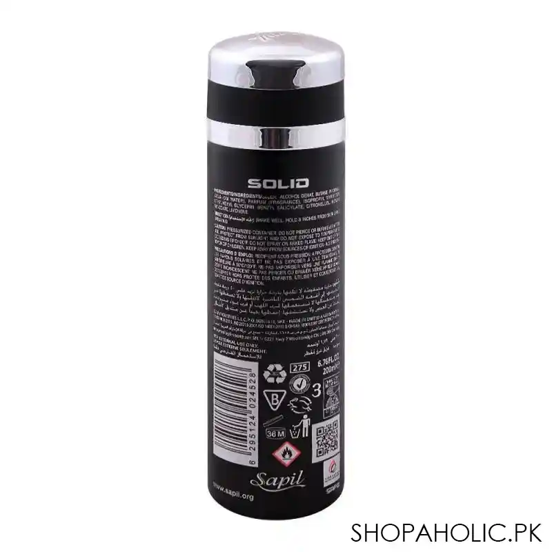 sapil solid black men deodorant body spray, 200ml image2