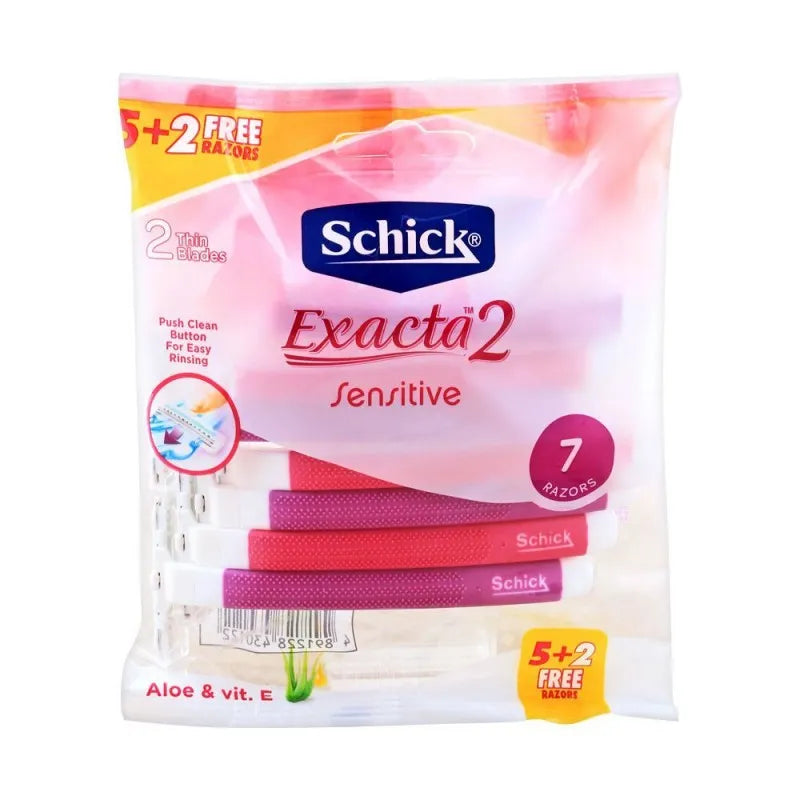 schick exacta 2 women sensitive aloe & vitamin e disposable razor, 5+2 pack, pink/red image2