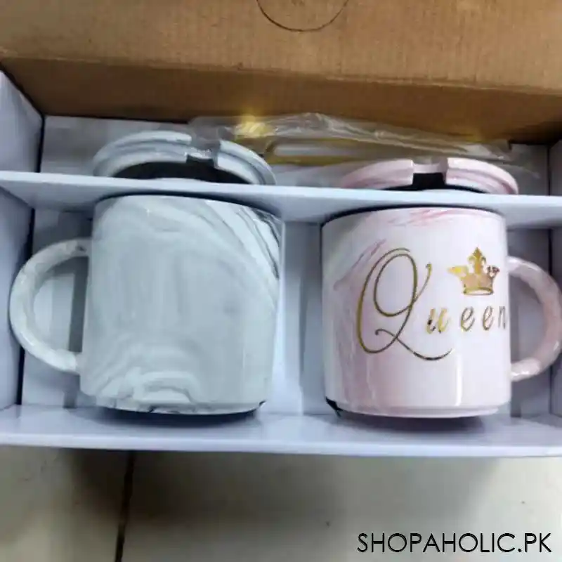 (set of 2) king and queen ceramic marble pattern mug with lid spoon image4