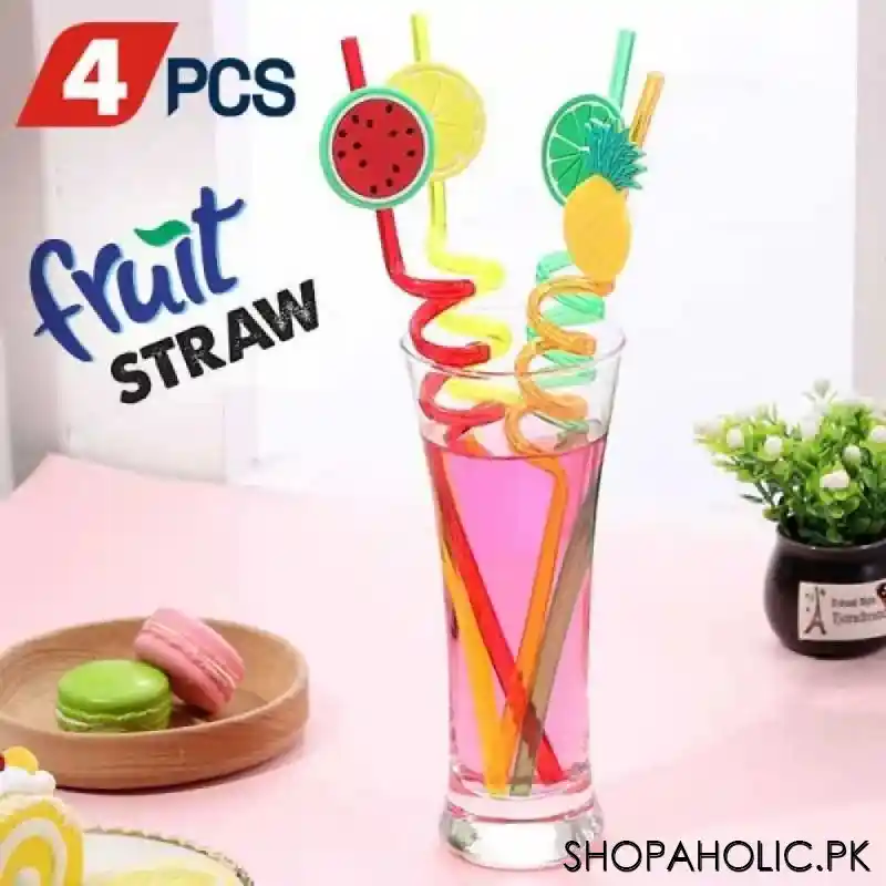 (set of 4) fruit shape reusable plastic drinking spiral straws main image