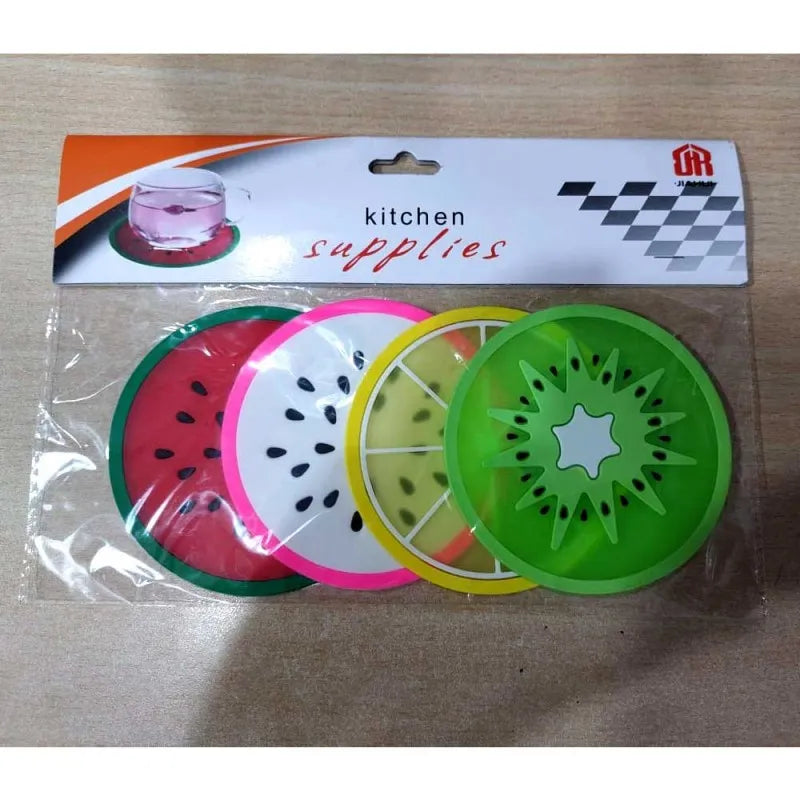 (set of 4) silicone fruit print round coasters   random colour and design image2