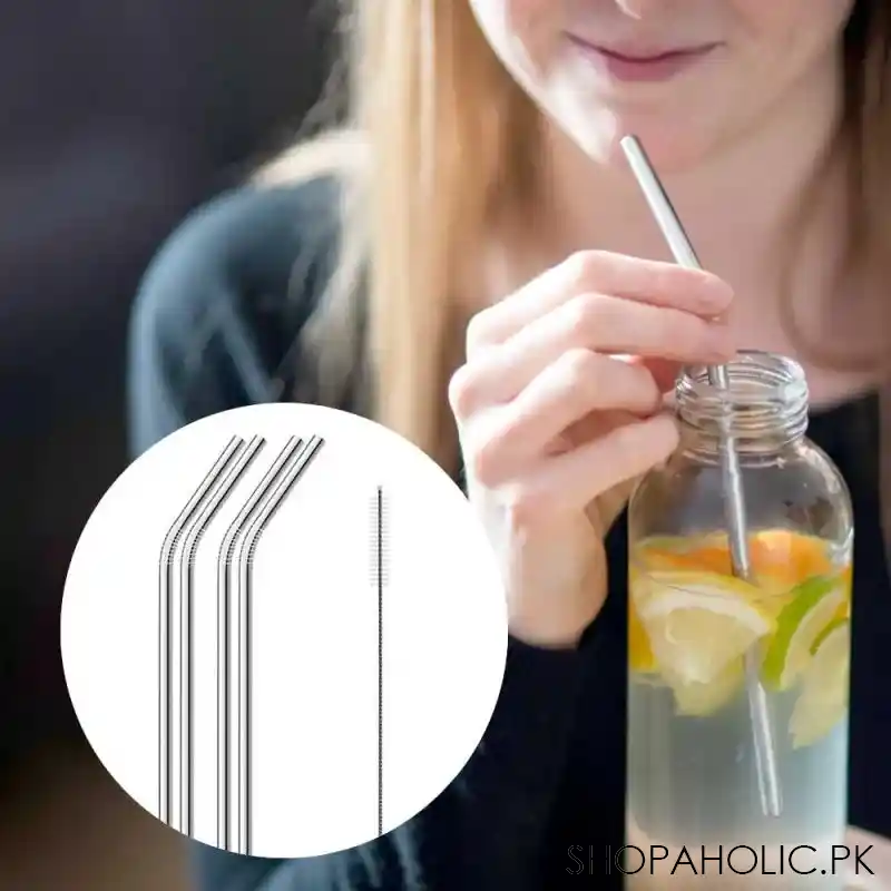 (set of 5) reusable stainless steel metal straws with cleaning brush main image