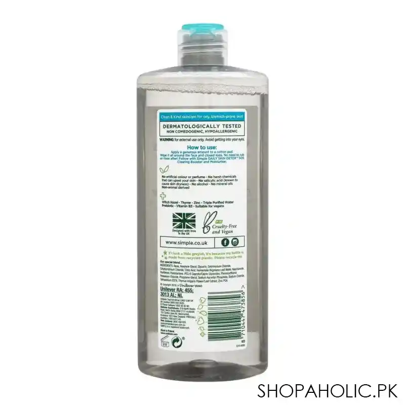 simple daily skin detox oil be gone micellar water, for oily & blemish prone skin, 400ml image2