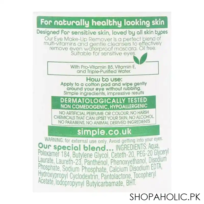 simple kind to skin eye makeup remover, alcohol + paraben free, 125ml image3