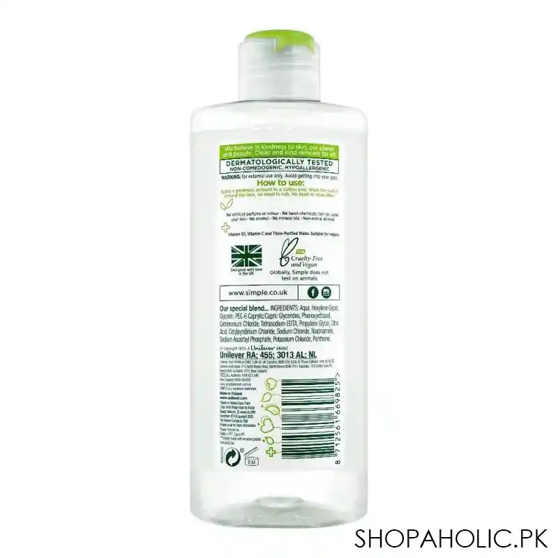 simple kind to skin micellar cleansing water, alcohol + paraben free, 200ml image2