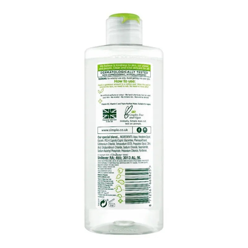 simple kind to skin micellar cleansing water, alcohol + paraben free, 200ml image2