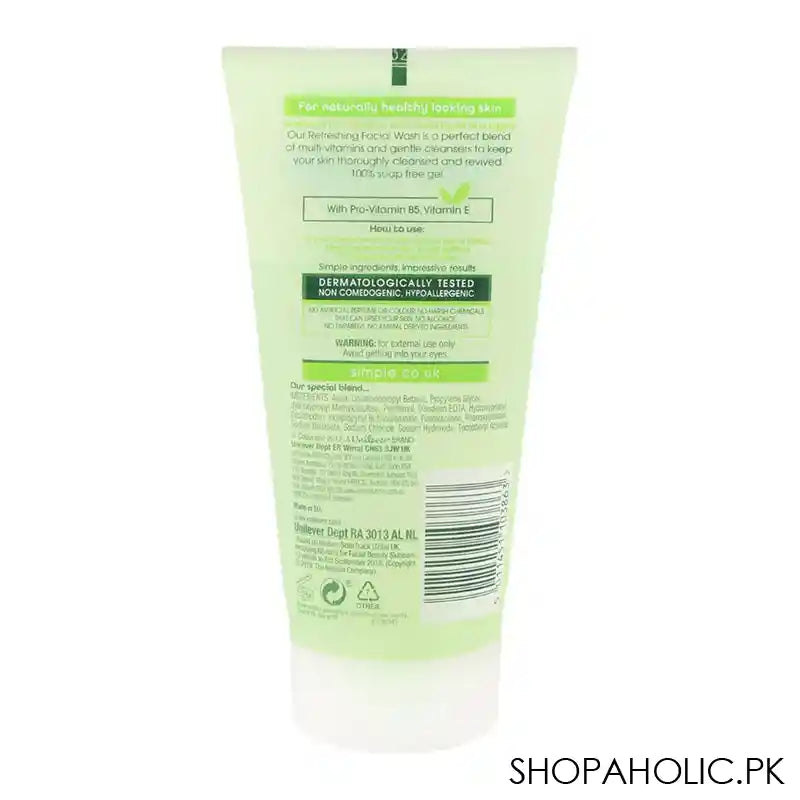 Simple Kind To Skin Refreshing Facial Wash Gel, Alcohol + Paraben Free, 150ml - Image 2