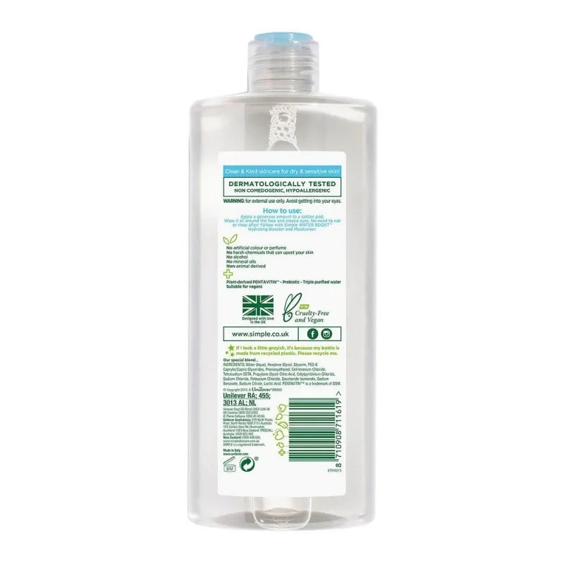 simple water boost dry & sensitive skin micellar cleansing water, 400ml image2