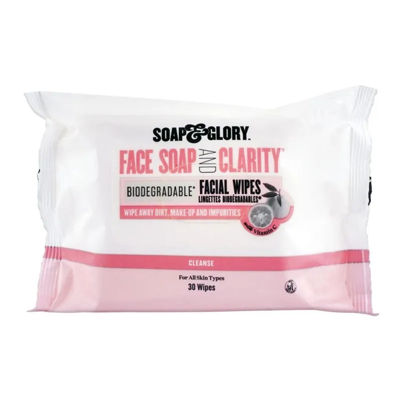 soap & glory face soap & clarity biodegradable facial wipes, 30 pack main image