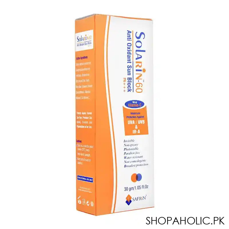 Solarin-60 Anti Oxidant Sun Block, PA+++, UAV/UVB, Paraben Free, 30g - Main Image