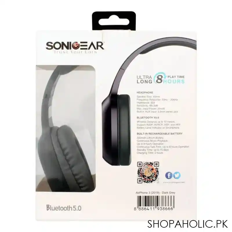 sonicear airphone 3 on ear bluetooth headphones, black image3