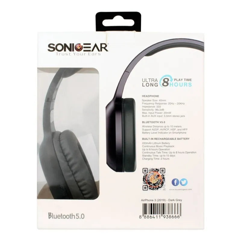 sonicear airphone 3 on ear bluetooth headphones, black image3