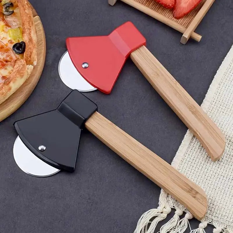 stainless steel bamboo handle axe type pizza roller cutter image3