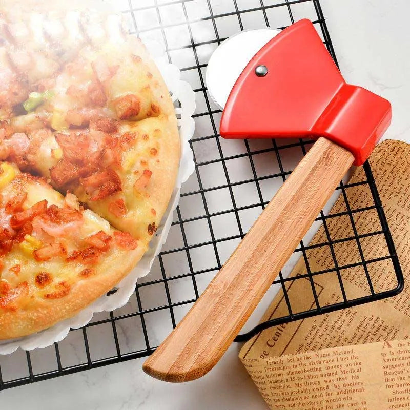 stainless steel bamboo handle axe type pizza roller cutter image4