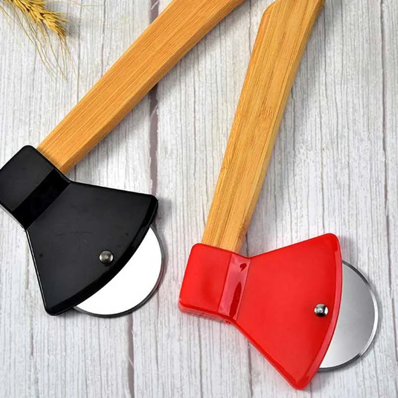 stainless steel bamboo handle axe type pizza roller cutter image5