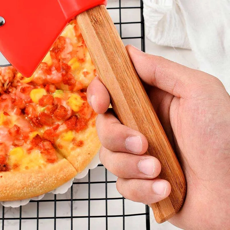 stainless steel bamboo handle axe type pizza roller cutter image6