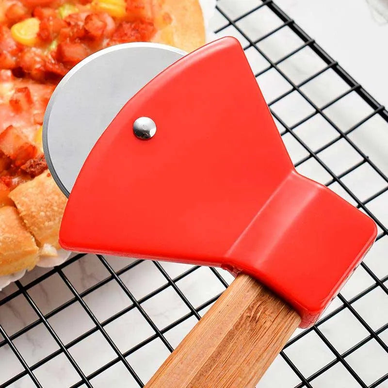 stainless steel bamboo handle axe type pizza roller cutter image7