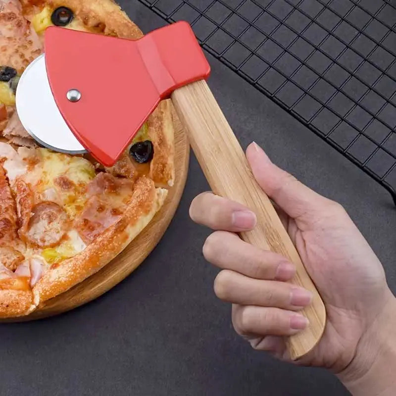 stainless steel bamboo handle axe type pizza roller cutter main image