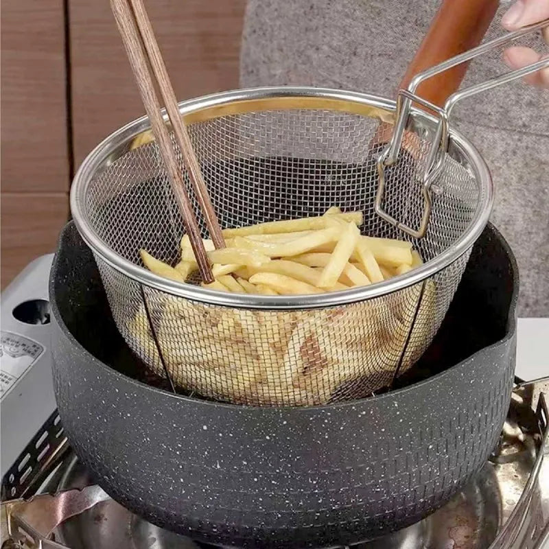 stainless steel deep fry wire mesh basket with folding handle main image