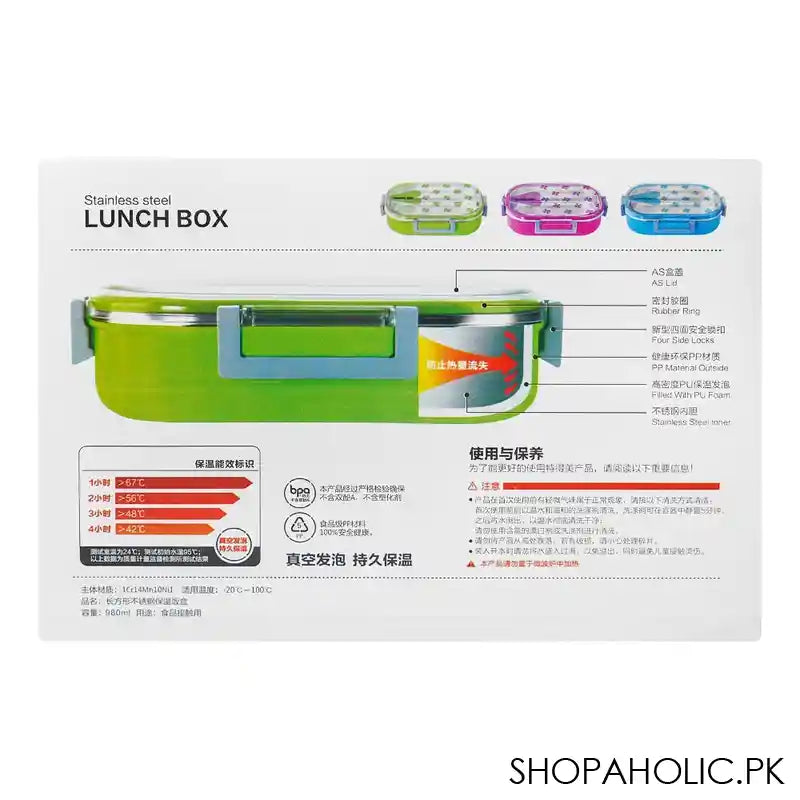 Stainless Steel Lunch Box, 2 Compartments & Cutlery, 980ml, BPA Free, Green, 6.1in (H) x 3.7in (W) x 2.2in (D), 980-Mc - Image 5