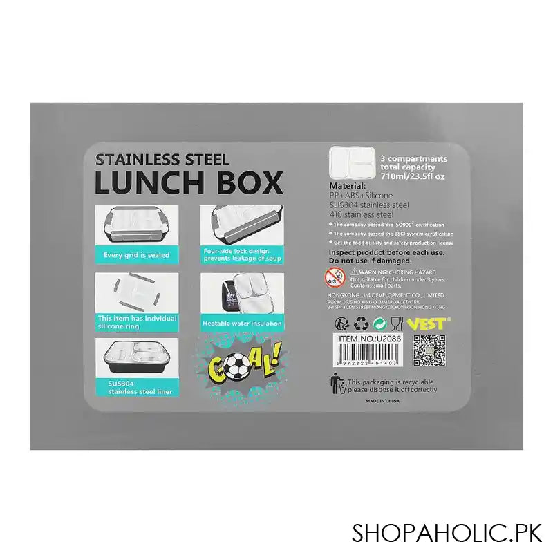 Stainless Steel Lunch Box, 3 Compartments, 710ml, Black, 7.5in (H) x 5.1in (W) x 2in (D), U2086 - Image 2