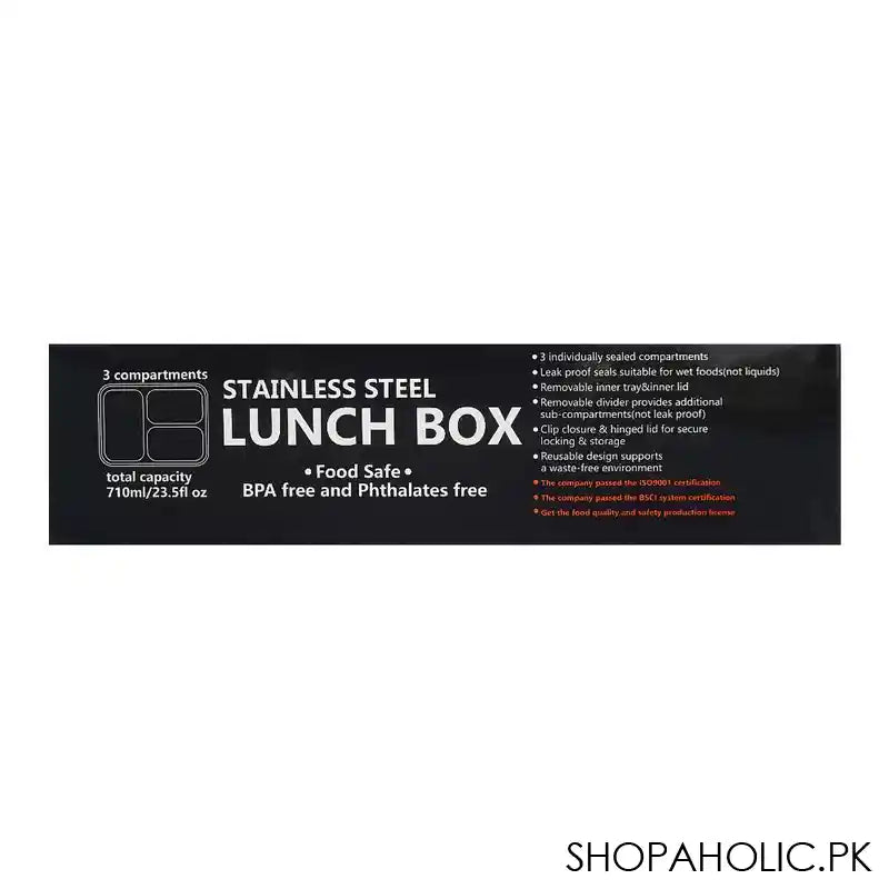 Stainless Steel Lunch Box, 3 Compartments, 710ml, Black, 7.5in (H) x 5.1in (W) x 2in (D), U2086 - Image 3