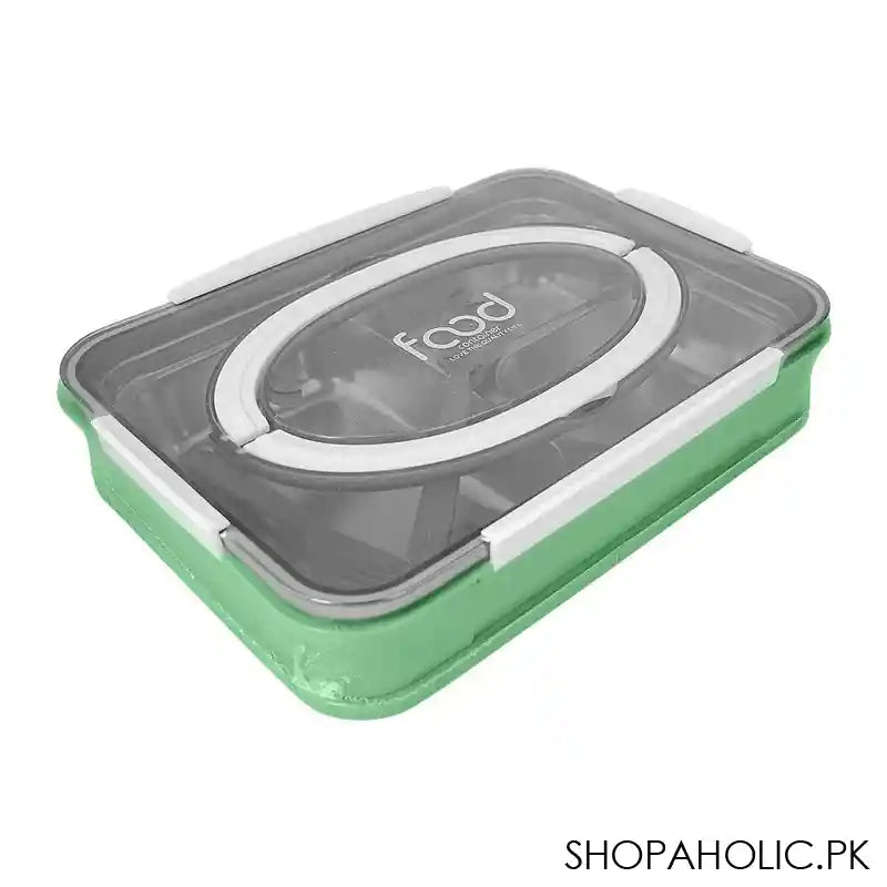 Stainless Steel Lunch Box, 3 Compartments & Cutlery, Green, 9.1in (H) x 6.3in (W) x 2in (D), 2523C - Main Image