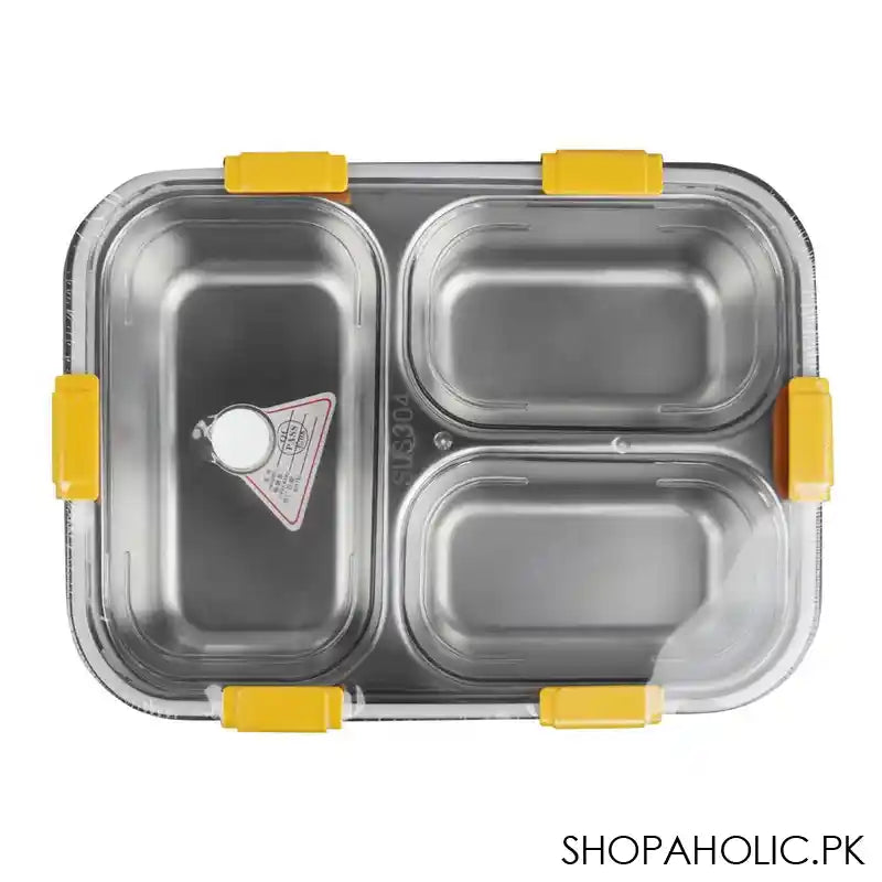 Stainless Steel Lunch Box, 3 Compartments, Spoon & Chop Stick, 400ml, Blue, 7.3in (H) x 4.9in (W) x 2in (D), 7059 - Image 2