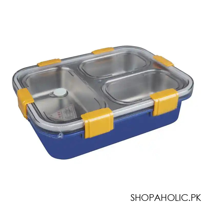 Stainless Steel Lunch Box, 3 Compartments, Spoon & Chop Stick, 400ml, Blue, 7.3in (H) x 4.9in (W) x 2in (D), 7059 - Main Image