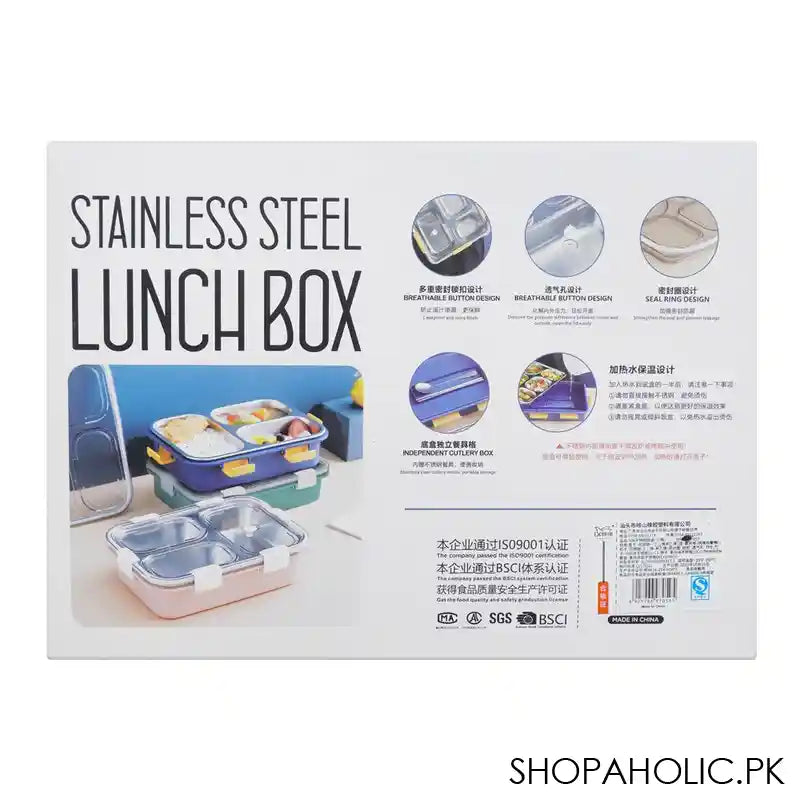 Stainless Steel Lunch Box, 3 Compartments, Spoon & Chop Stick, 400ml, Blue, 7.3in (H) x 4.9in (W) x 2in (D), 7059 - Image 3