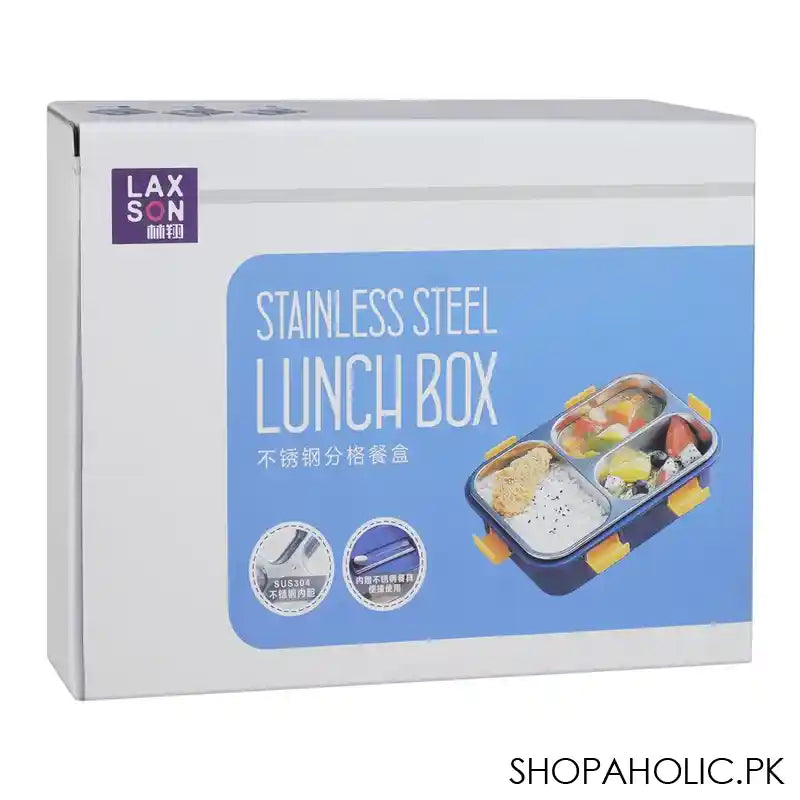 Stainless Steel Lunch Box, 3 Compartments, Spoon & Chop Stick, 400ml, Blue, 7.3in (H) x 4.9in (W) x 2in (D), 7059 - Image 6