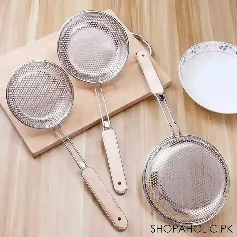 stainless steel strainer colander with wooden handle main image