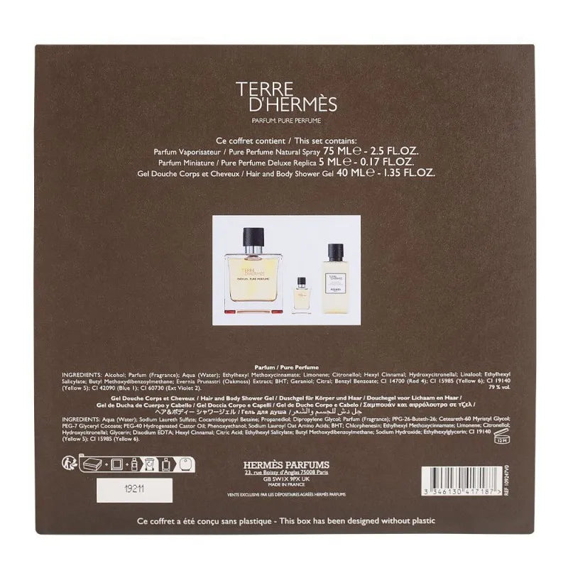 terre d&#039; hermes set for men, perfum, 75ml + perfum, 5ml + shower gel, 40ml image3