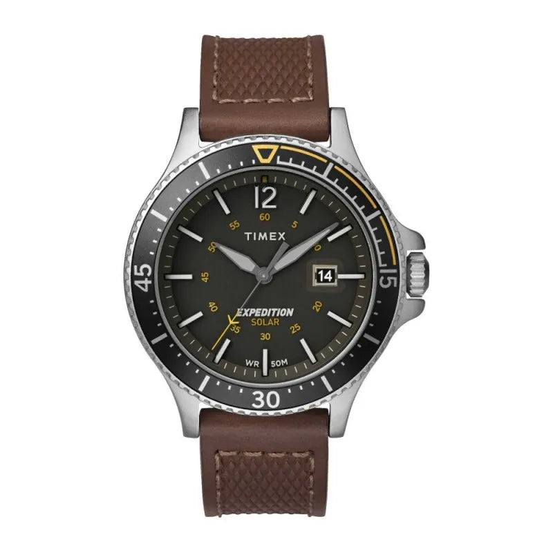 timex men's black numeric round dial with textured brown strap chronograph watch, tw4b15100 main image