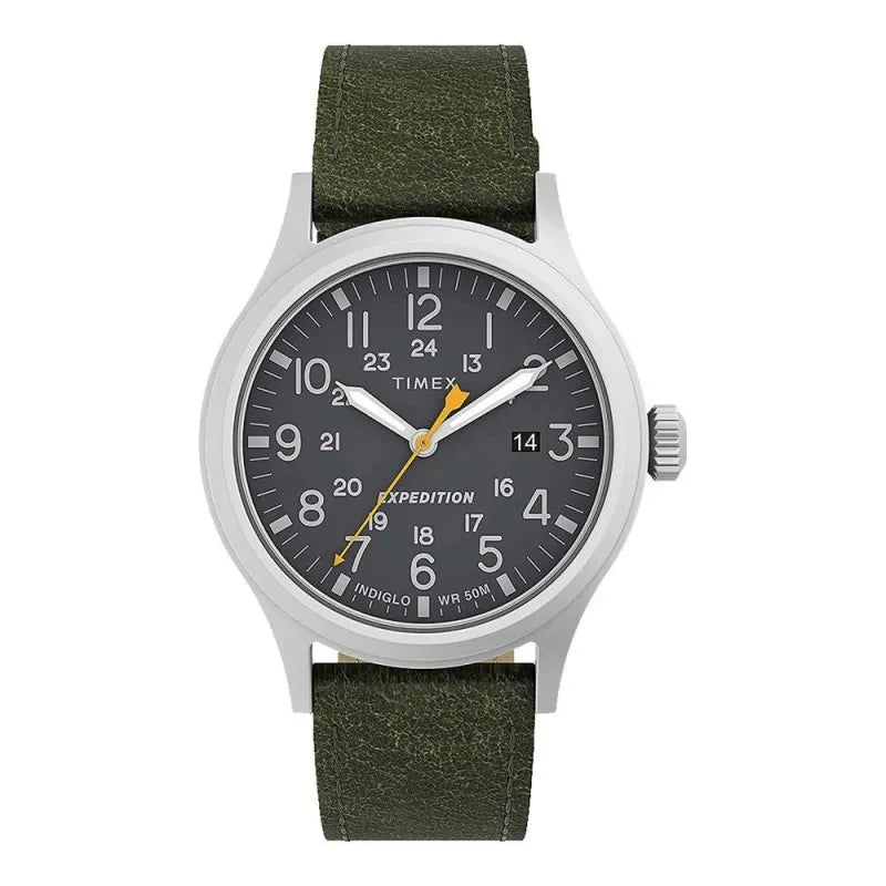 timex men's chrome round dial with grey background & textured olive green strap analog watch, tw4b22900 main image