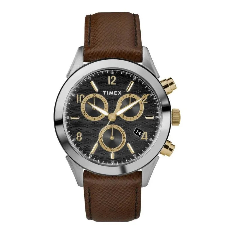 timex men's chrome round dial with textured brown strap chronograph watch, tw2r90800 main image