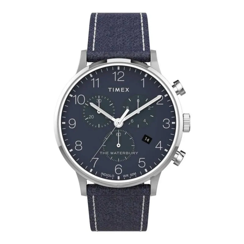 timex men's chrome round dial with textured navy blue strap chronograph watch, tw2t71300 main image