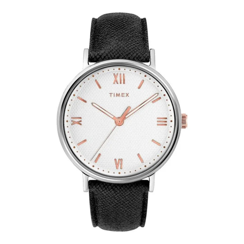 timex men's chrome round dial with white background & textured black strap analog watch, tw2t34700 main image