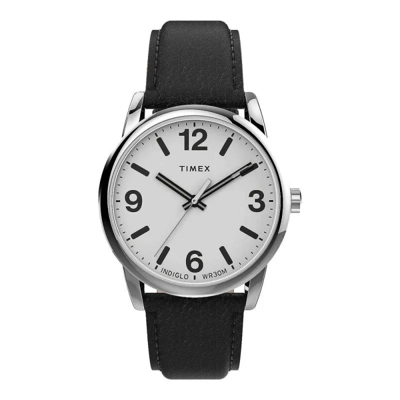 timex men's chrome round dial with white background & textured black strap analog watch, tw2u71700 main image