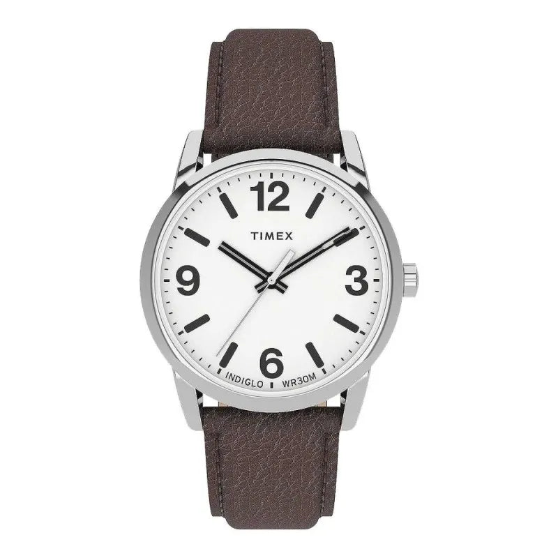 timex men's chrome round dial with white background & textured brown strap analog watch, tw2u71600 main image