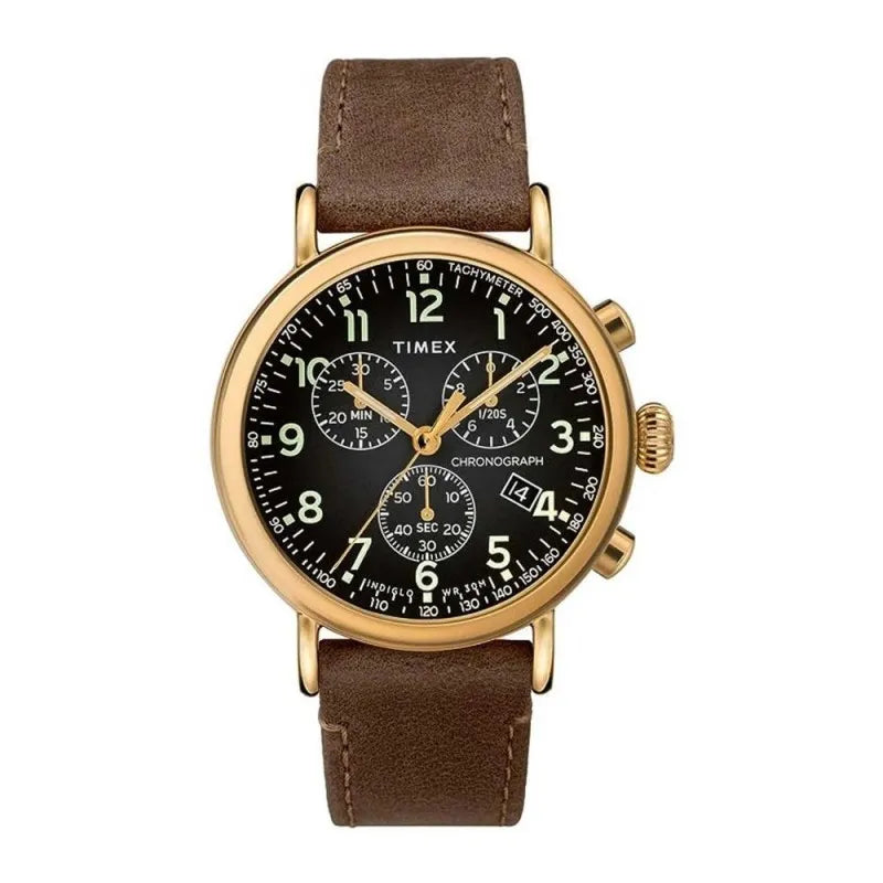 timex men's golden round dial with black background & brown strap chronograph watch, tw2t20900 main image